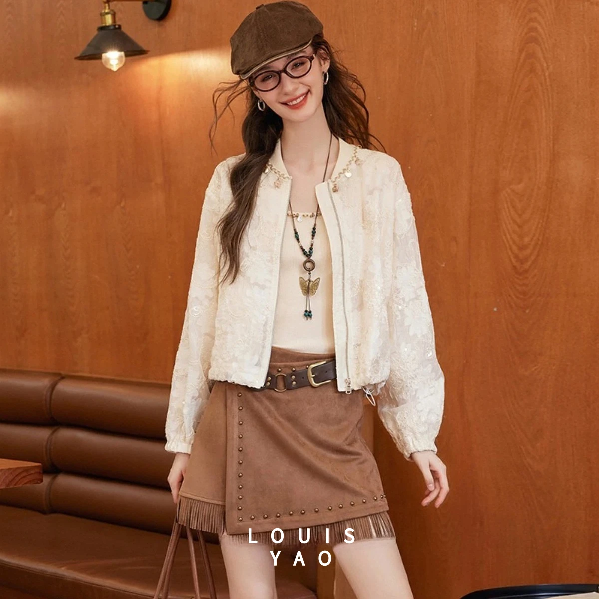 LOUISYAO Gentle Ribbon Splicing Cardigan 2025 Autumn Women Exquisite Embroidered Contrast Color Zipper Coat