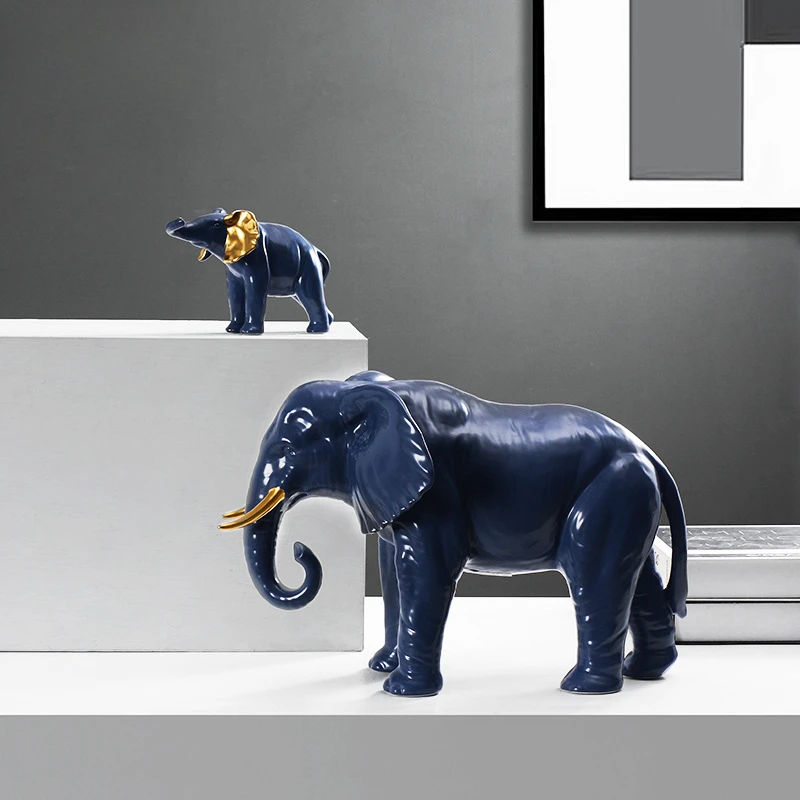 Ceramic Handicraft Artificial Animal Sculpture Elephant Ornament Golden Decorative Figurines Home Decoration