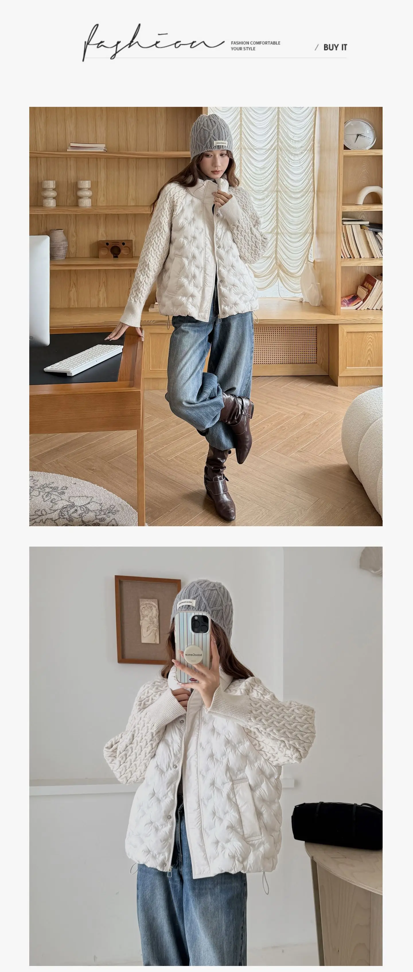 Korean Cable Knit Sleeve Spliced Padded Jacket 2026 Winter Stand Collar Warm Puffer Jacket Women All Match Casual Quilted Parkas