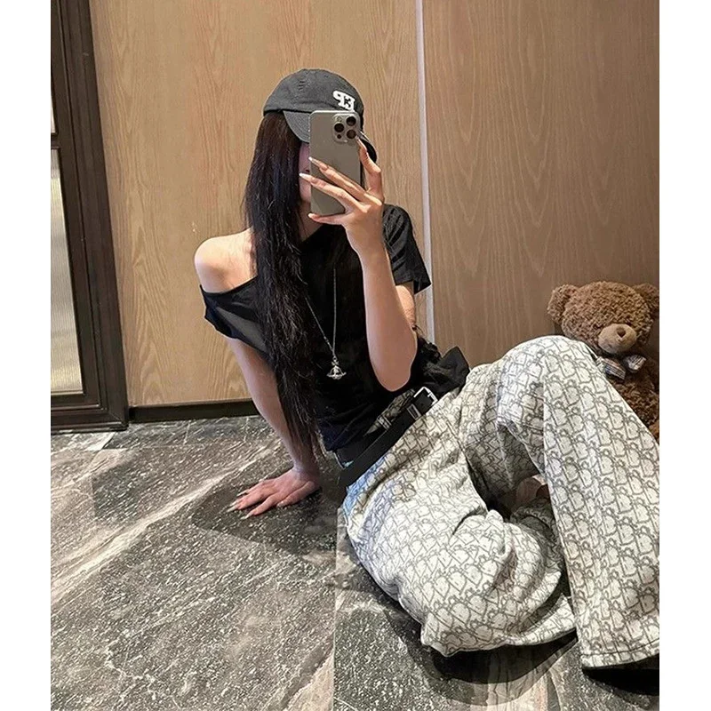 Y2k المرأة فضفاض نمط الجينز Harajuku اليابانية 2000s نمط رمادي سراويل جينز خمر جان السراويل الطويلة الملابس كبيرة الحجم