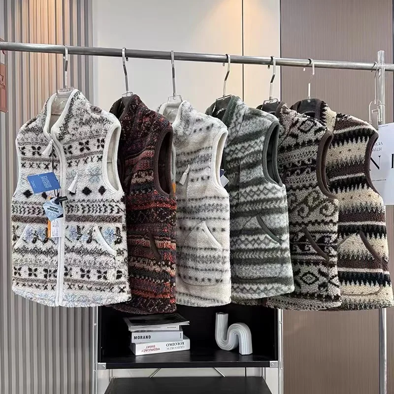 

Thiened Double-sided Fce Warmth Women's Vest Coat Lamb Velvet North Europe Middle Age Fair Isle Design Winter Outerwear