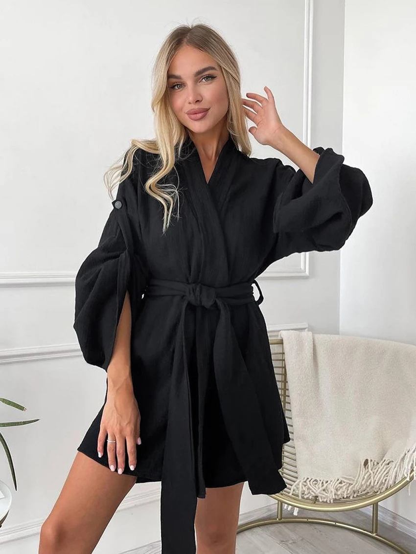 Marthaqiqi Cotton Women Robe Sexy V-Neck Pajamas Lace Up Bathrobe Long Sleeve Nightgowns Mini Dress 2023 New Femme Home Clothes