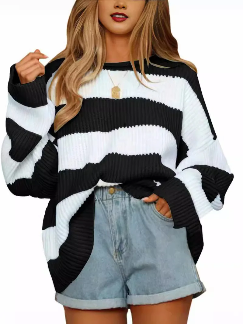 

Harajuku 2000s Women's Clothes Vintage Striped Loose Pullover Sweater Y2k Knitted Top Fall Winter Round Neck Full Sleeve Tops