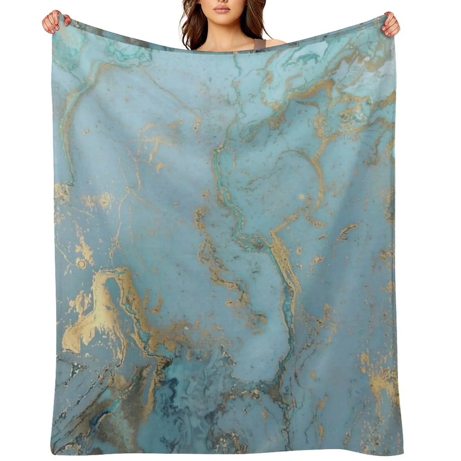

Marble Design - Gold Effect - Turquoise Blue, Teal Marbling Throw Blanket For Decorative Sofa sofa bed Plaid Blankets