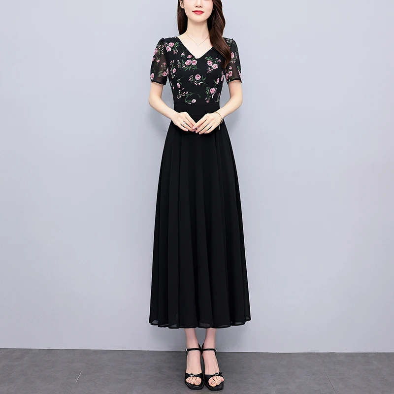 Letnia sukienka szyfonowa w kwiaty, elegancka, dopasowana, wyszczuplająca w talii, w stylu vintage, czarna, długa sukienka na imprezę, wieczór, Vestidos, nowość na lato 2025.