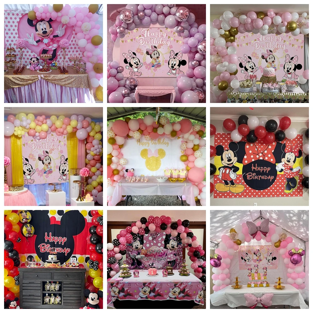 Fondo de dibujos animados de Disney para niñas, pajarita de género rosa de Minnie y Mickey Mouse, pancarta personalizada para fiesta de cumpleaños y