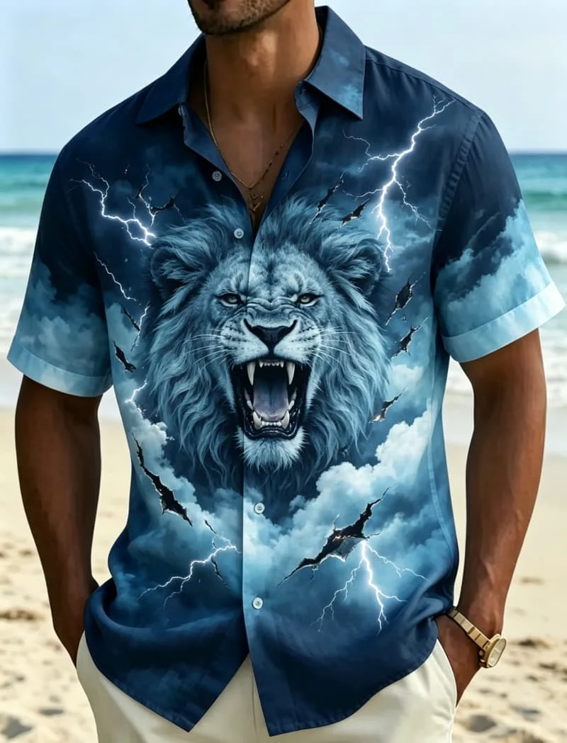 

Men's Wild Animal Storm Printed Casual Shirt, With A Primitive And Mysterious style, For Outdoor adventures, And Daily Wear