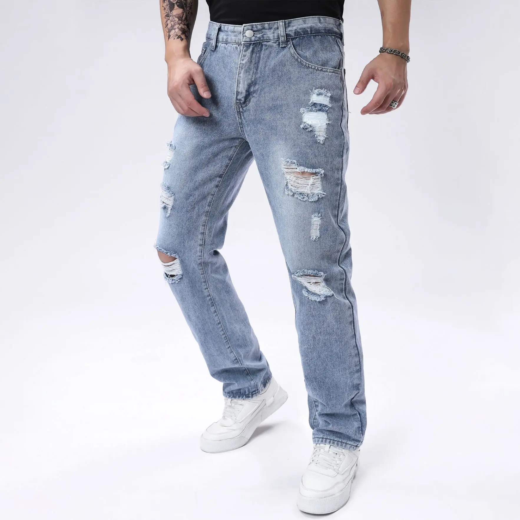 

Light Blue Men's Straight Leg Non-Elastic Ripped Denim Pants New Style Casual Comfortable Men's Clothing