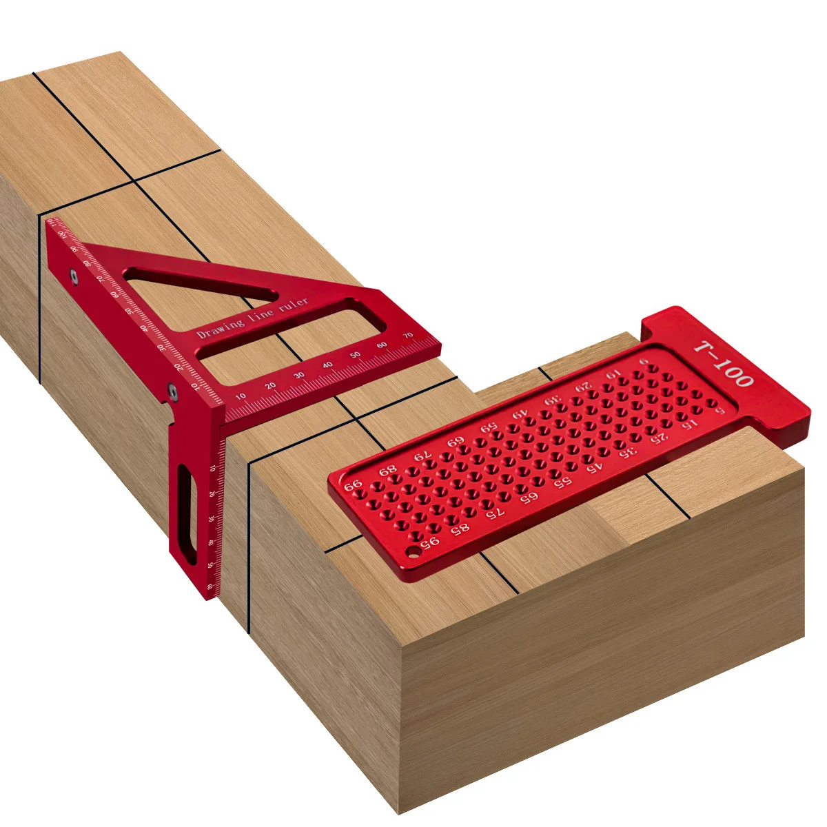 Woodworking triangle ruler + T-shaped hole ruler, measuring layout metric, imperial, aluminum alloy tools