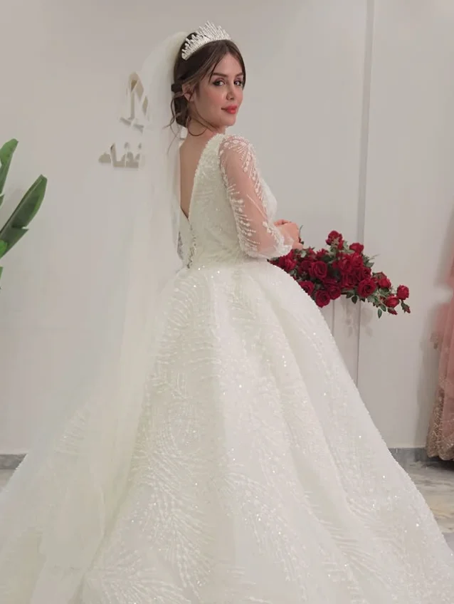Luxury Sparkly Sequins Wedding Dress Square Neck Sheer Long Sleeve Puffy Plus‑Size Women Bridal Gown Customized vestidos mujer
