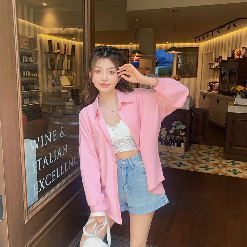 الحلوى اللون الحلو رقيقة قمصان النساء ربيع الخريف المتخصصة تصميم عصري زر قمم Ins نمط فضفاض رفض طوق قميص