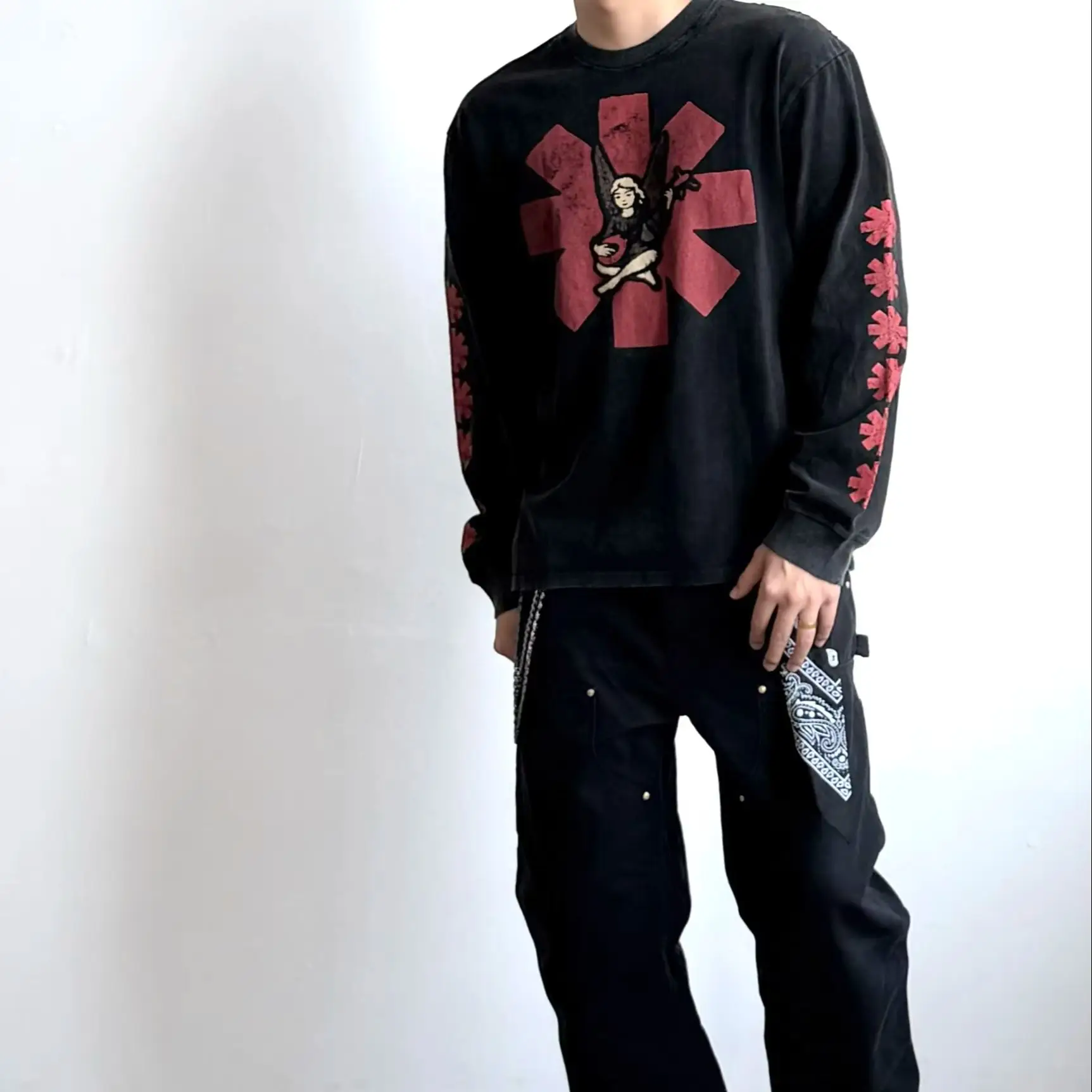 Men Women Vintage Gradient Distressed Long Sleeve Tee Hand Destroyed Multi Print Streetwear Casual Pullover Top