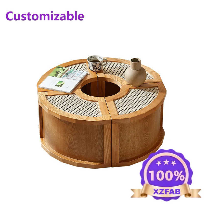 Factory Direct 2026 Nordic solid wood rattan coffee table living room household small apartment round Japanese simple modern cre