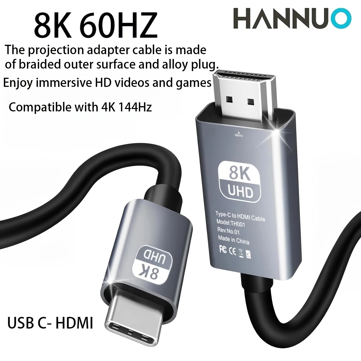 Cable USB C a HDMI HANNUO 8K 4K 60Hz/144Hz Tipo C a HDMI 2.1 Thunderbolt 3 4 para Streaming, Compatible con iPhone, Samsung, Mac, Switch