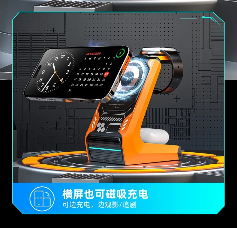 Magsafe pengisi daya ponsel nirkabel 15W, dudukan pengisi daya dengan magnet tiga dalam satu