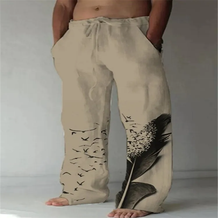 Men's Sports Pants Feather Print Men's Y2k Long Pants Loose Wide Leg Long Pants Casual Korean Street Wear WR6