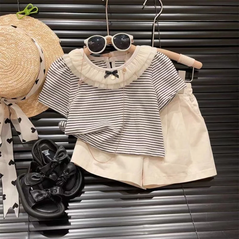 

New Girls' Fungus Mesh Collar Striped Short SleeveTT-shirt Shorts Western Style Two-Piece Suit2024Children's Summer Suit-WSNY