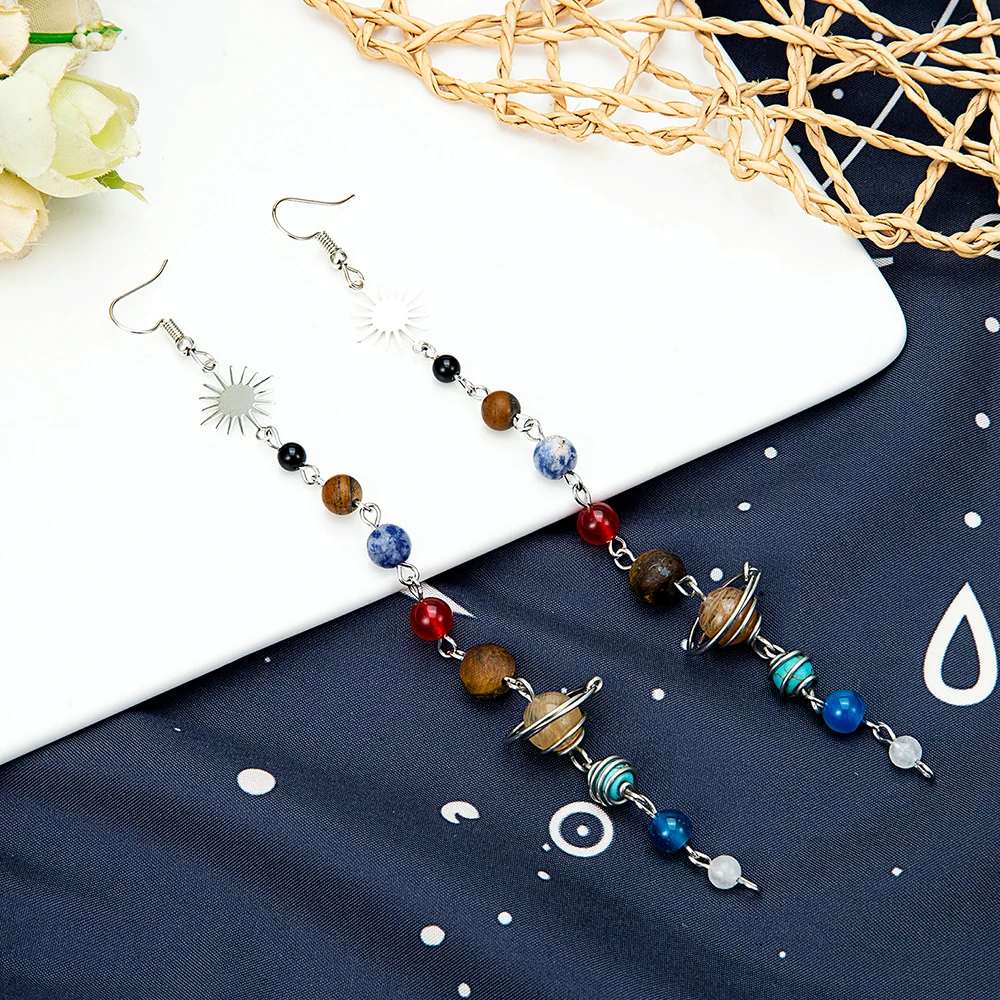 Handmade Crystal Earth Saturn Cosmic Sun Earrings For Women Girl Party Natural Beads Planet Drop Dangle Earrings Jewelry Gifts