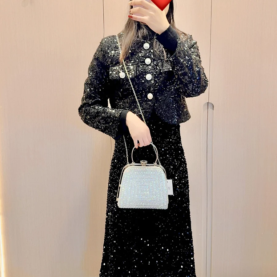 Classic Crystal Glitter Clutch Purse For Women Elegant Small Square Bags Rhinestone Decor Clip Evening Bags Metal Handle Handbag