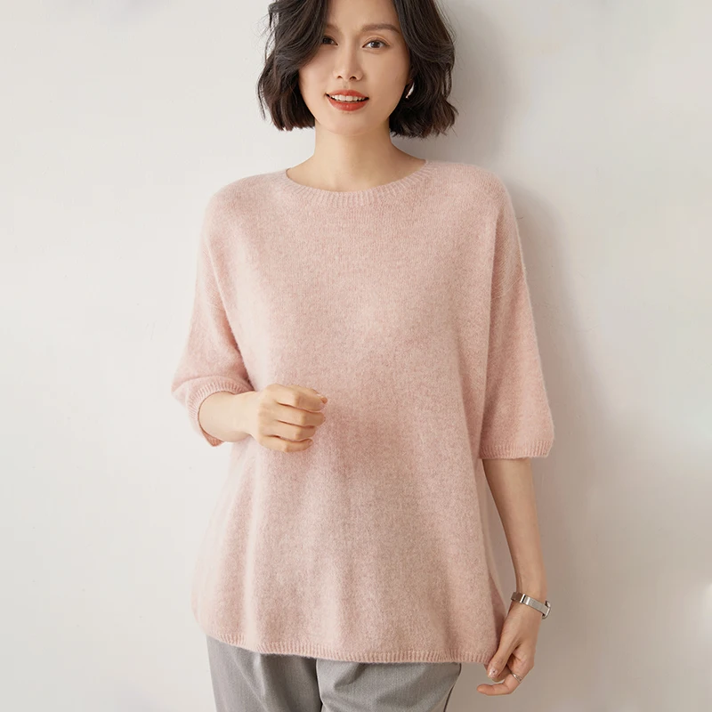 New 100% Cashmere Sweater Women\'s Large Round Neck Short Sleeve Casual Fashion Versatile Sweater