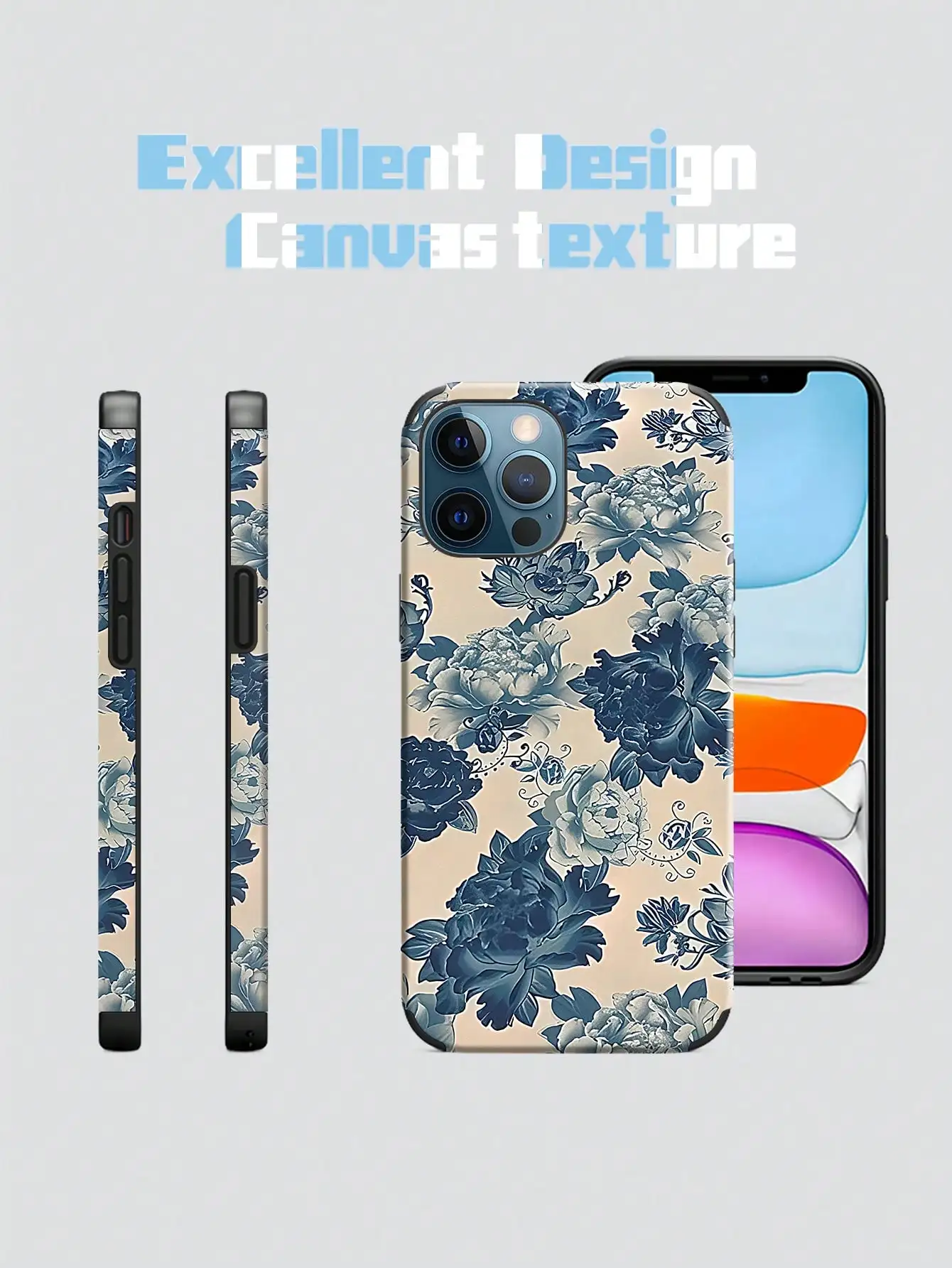 Vintage Blue Floral Print PU Leather Dustproof and Shockproof Technology Phone Case for iPhone 16 15 14 13 12 11 PROMAX