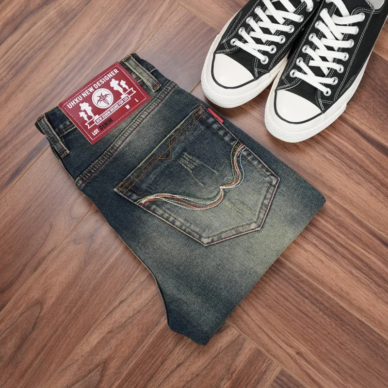 

2026New autumn men's clothing: heavy-duty washed vintage distressed jeans, slightly elastic slim-fit straight-leg pants