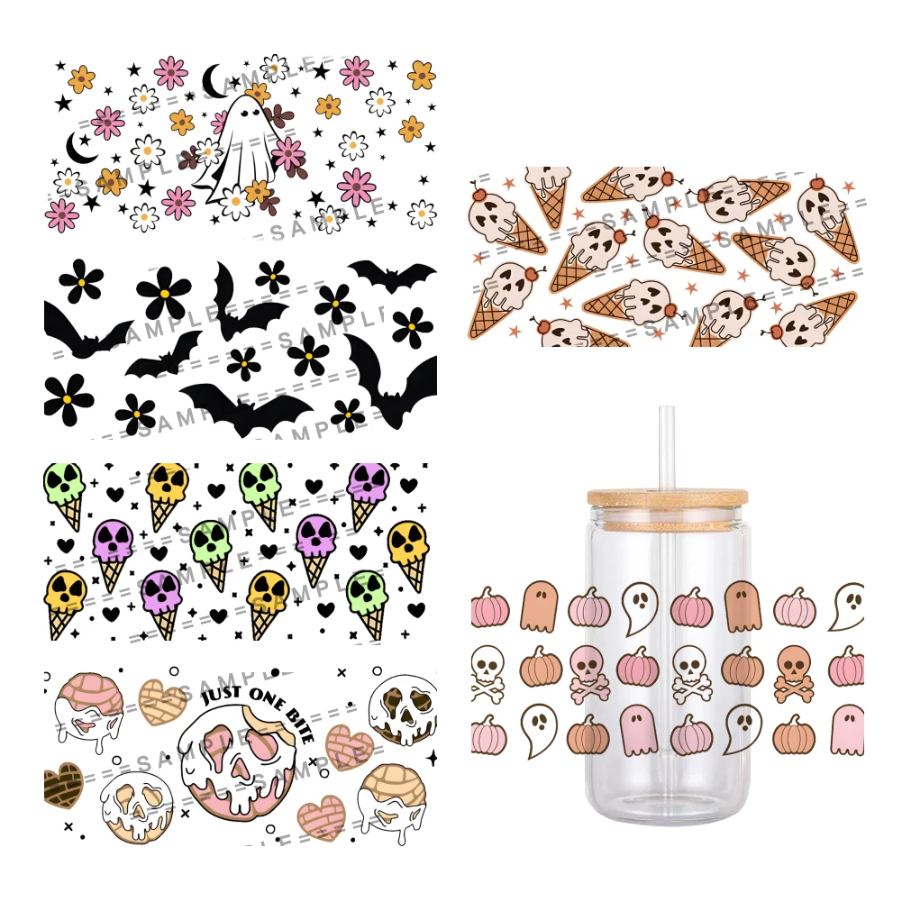 11*24cm Happy Halloween Design Cartoon UV DTF Wrap  Sticker DIY For 16oz Libbey Glass Cup Waterproof Decals Cup Sticker