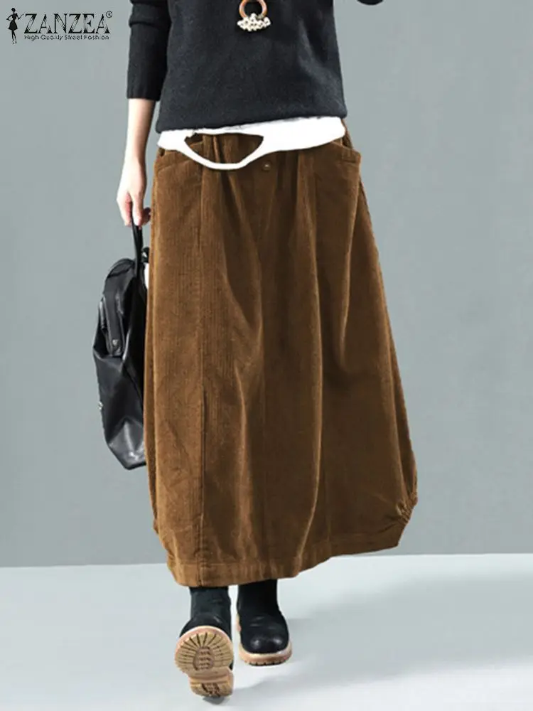 

Winter Women's Corduroy Skirts 2024 ZANZEA Autumn Casual Sundress Elastic Waist Maxi Vestidos Female Robe Faldas Saia Oversized