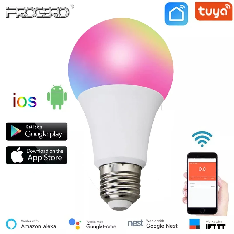 FROGBRO Tuya Smart Light Bulb E26 E27 LED RGB Lamp Work with Smart Life App Dimming Smart Led Light Bulb with Music Rhythm