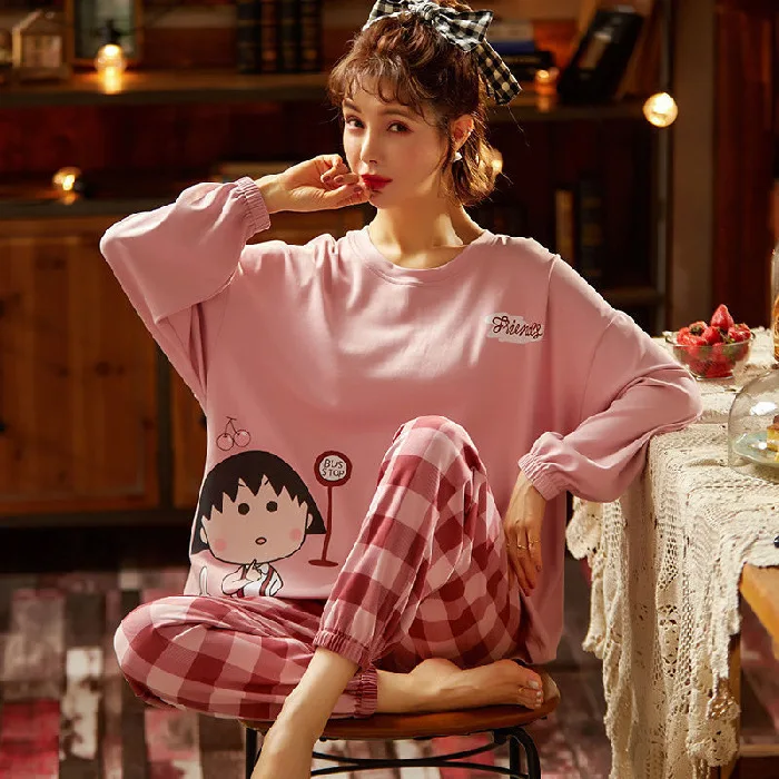 2022 Spring and Autumn Cotton Pajamas Women\'s Long-sleeve Cute Plus Size Thin Two-piece Suit Women\'s Home Animation Nightwear