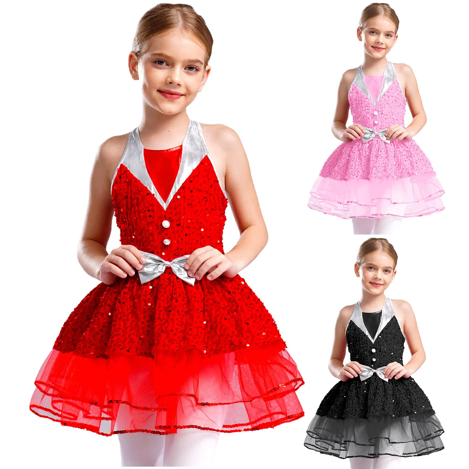 

Kids Girls Ballet Dance Dresses Christmas Dress Sleeveless Halter Backless Sequins Tutu Skirt Xmas Party Performance Costumes