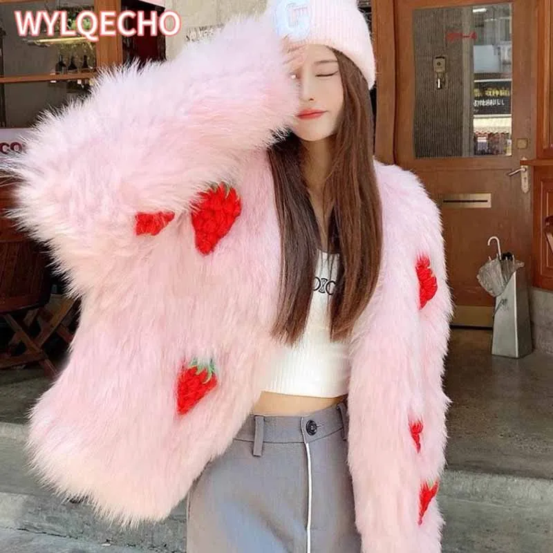 2023 Autumn Winter Pink Sweet Strawberr Faux Fur Coats Women Elegant Thick Warm Pink Plush Jacket Female Shaggy Outerwear