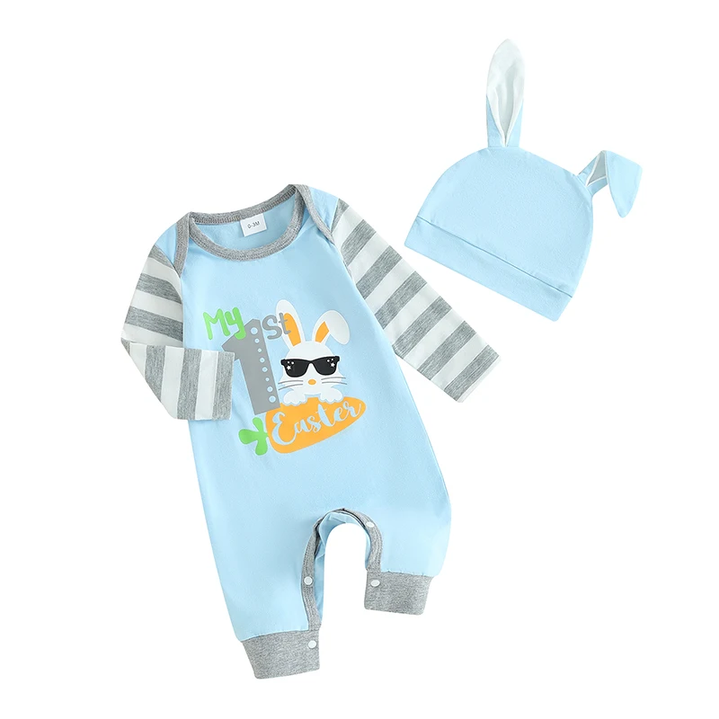 

My 1st Easter Baby Boy Outfit Infant Long Sleeve Bunny Carrot Romper Jumpsuit Rabbit Ears Hat Newborn Clothes