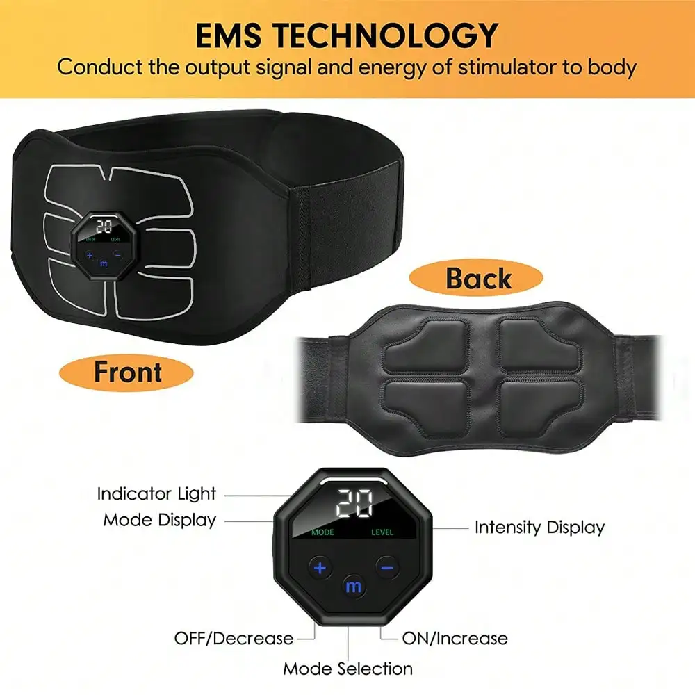 1Pc Abdominal Trainer Belt USB Rechargeable, 10 Modes Digital Display Muscle Stimulator Portable Home Fitness Workout For Men Women