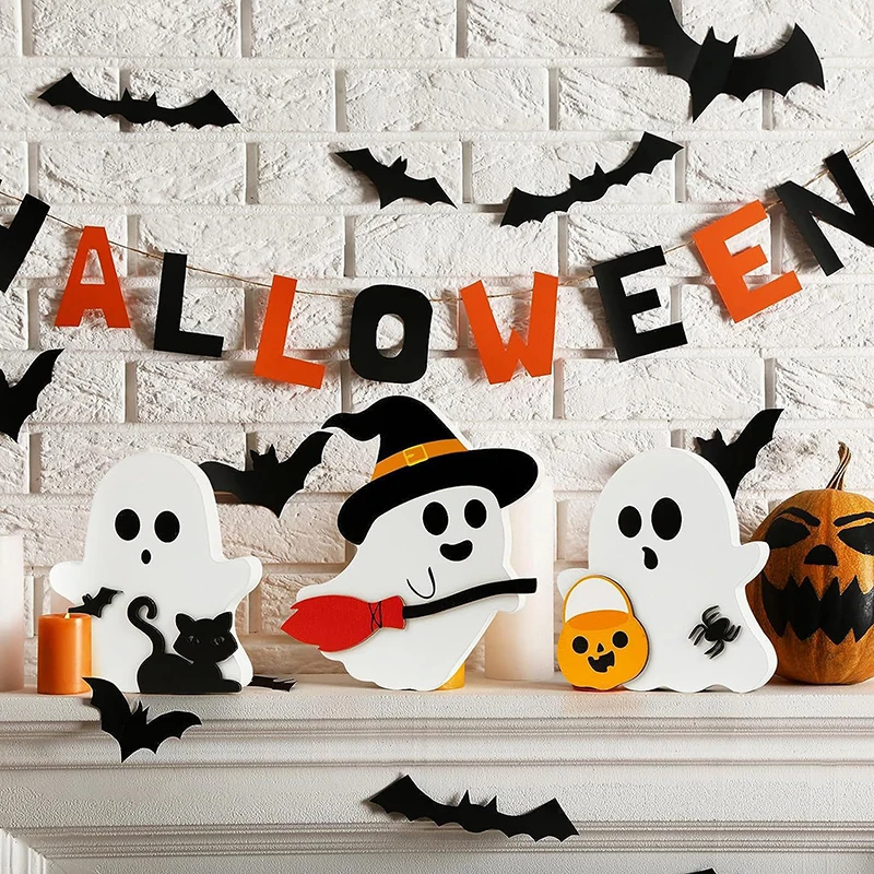 1pc/3pcs Halloween Wood Ghost Ornament Cute Cartoon Ghost Black Cat Bat Witch Broom Pumpkin Signs Happy HalloweenHomeDecoration