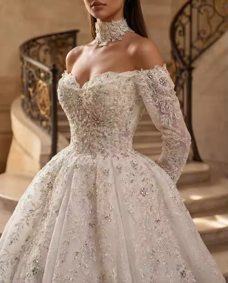 

Свадебное платье с открытыми плечами, длинными рукавами и вырезом в форме сердца, с кристаллическими аппликациями и кружевом, А-силуэт, Vestido De Noiva
