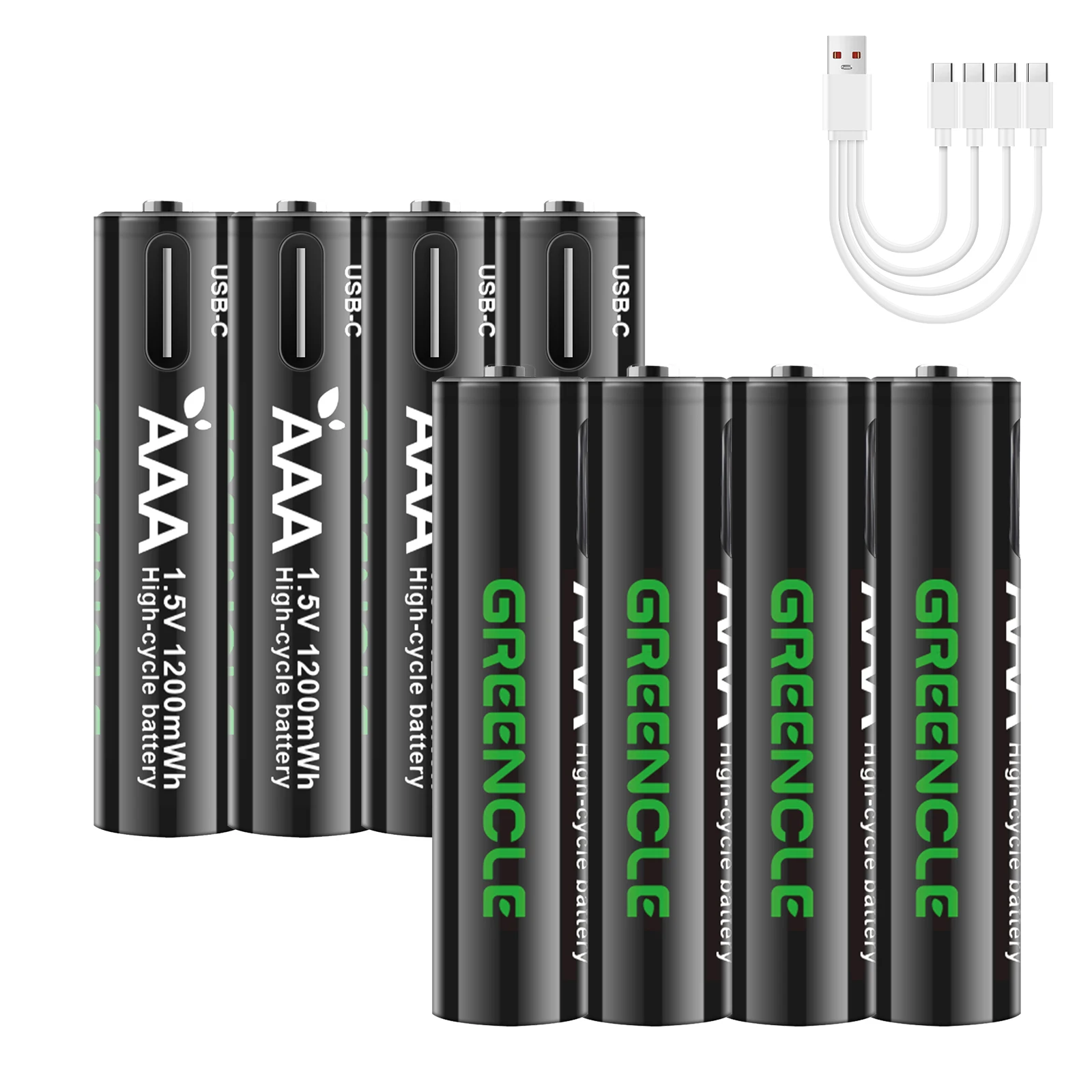 Greencle 1200mWh USB 1.5V Lithium Batteries AAA Li-ion Rechargeable Battery with 4-in-1 Cable for Toys Flashlight Remote Control