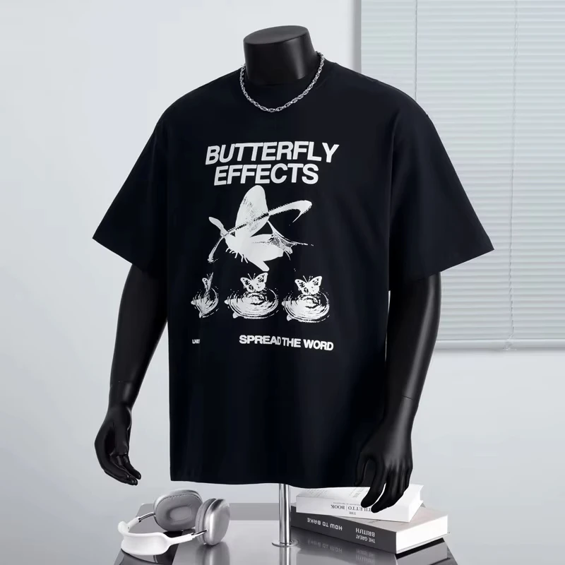 

Street Trend Fashion Flat T-Shirt Men's Alphabet Butterfly Summer Print Crew Neck Loose Lazy Short Sleeves