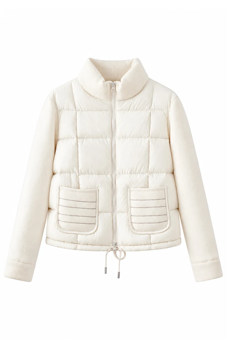 BD3621736 Women's Pure Wool Knit Hybrid Goose Down Jacket Chain Trim Pockets Stand Collar Two-Way Zip Old Money Early Autumn