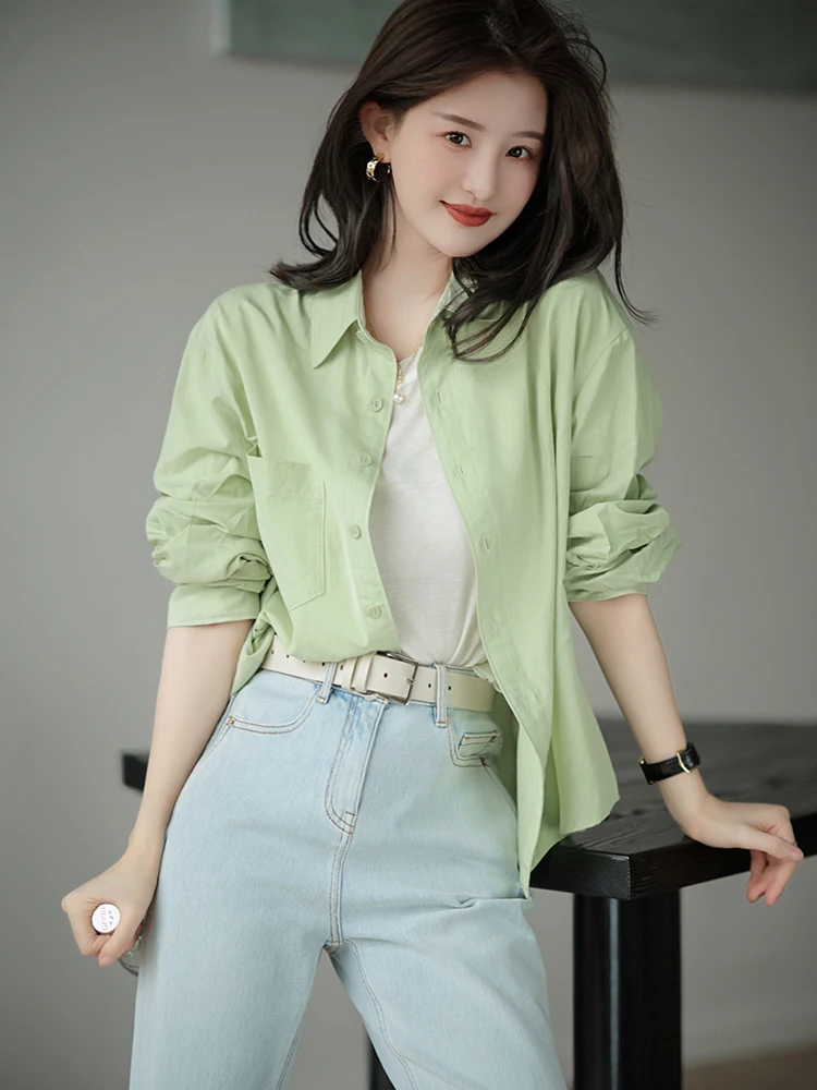 

Элегантная зеленая рубашка для женщин: модный стиль для офиса, многослойная, для ношения под одеждой, очаровательный топ, верхняя одежда на весну, осень, зиму, свободный крой