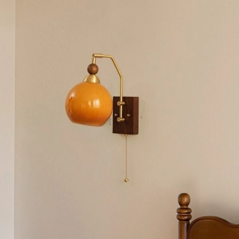 

French Rotundity Gradient Orange Glass Wall Lamp Adjustable Angle Light Pull Cord Switch Living Room Bedroom Study Hotel Sconces
