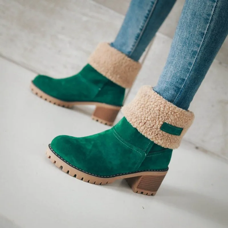 European American Mid Length Boots 2024 Winter New Item Solid Color Versatile Suede High-heeled Plus Size Cotton Boots for Women