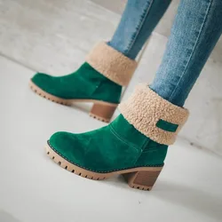 European American Mid Length Boots 2024 Winter New Item Solid Color Versatile Suede High-heeled Plus Size Cotton Boots for Women