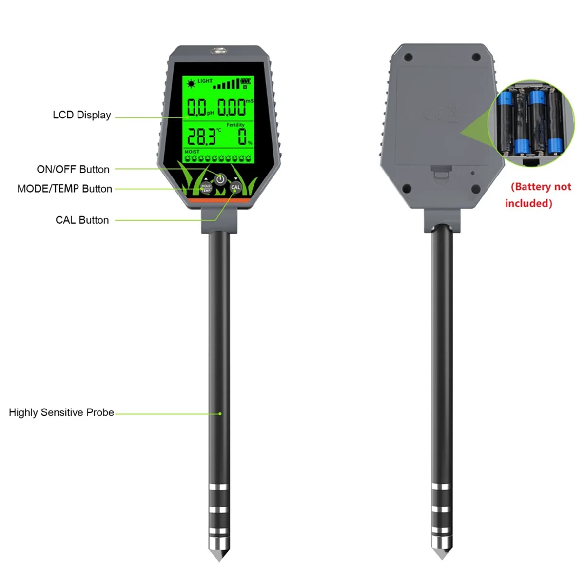 

6-In-1 Soil Tester PH/EC/Humidity/Sunlight/Fertility/Temp Digital Soil Moisture Tester PH Meter for Gardening Hydroponic