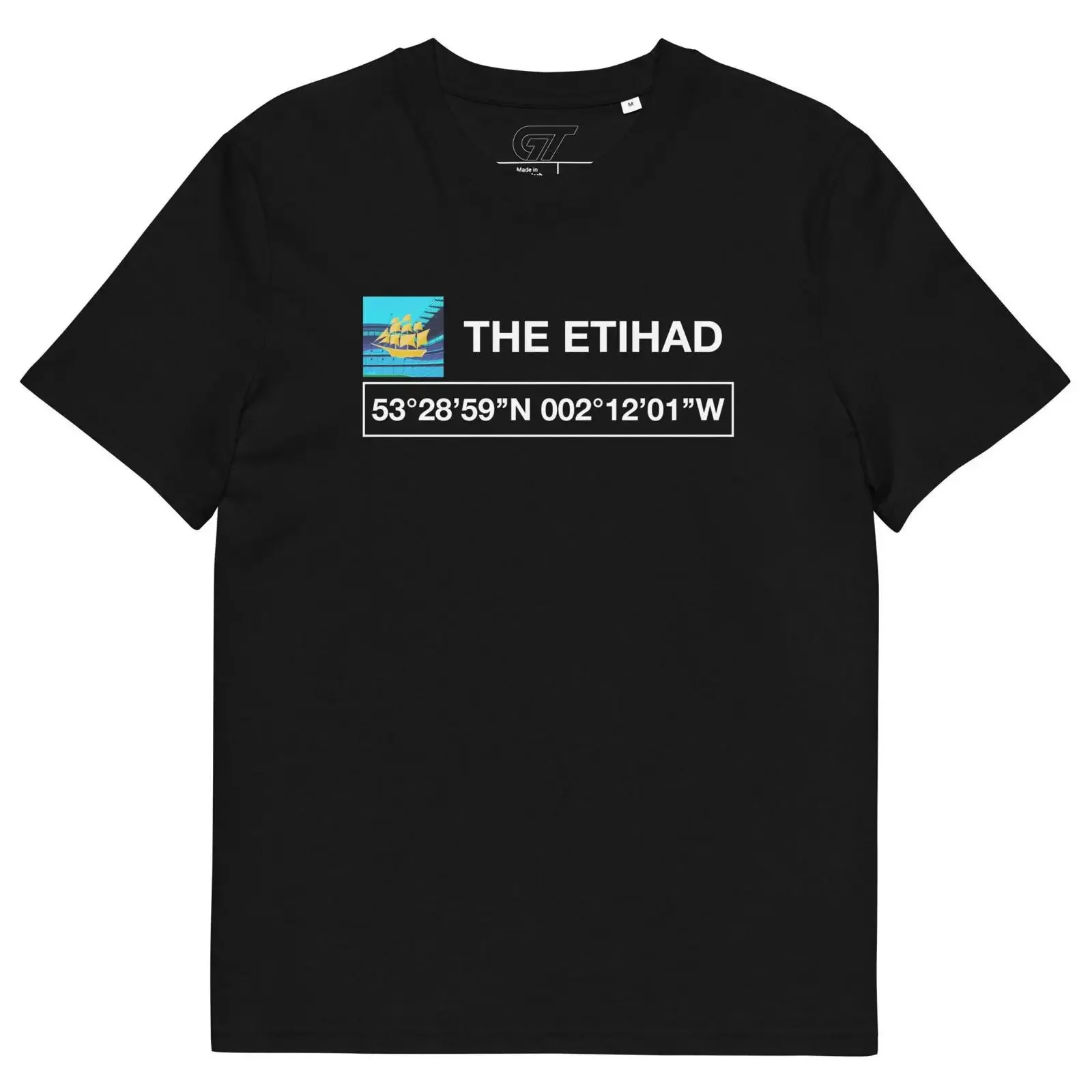 Men's Black T Shirt THE ETIHAD Coordinates Ship Print Crew Neck  Casual Top vintage Washed streetwear Comfortable Unisex