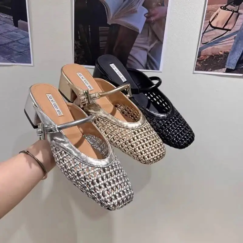 2025 Women's Shoes Retro Style Summer Cover Toe Women Mules Slippers Elegant Ladies Outdoor Thick Heel Dress Slides Shoe