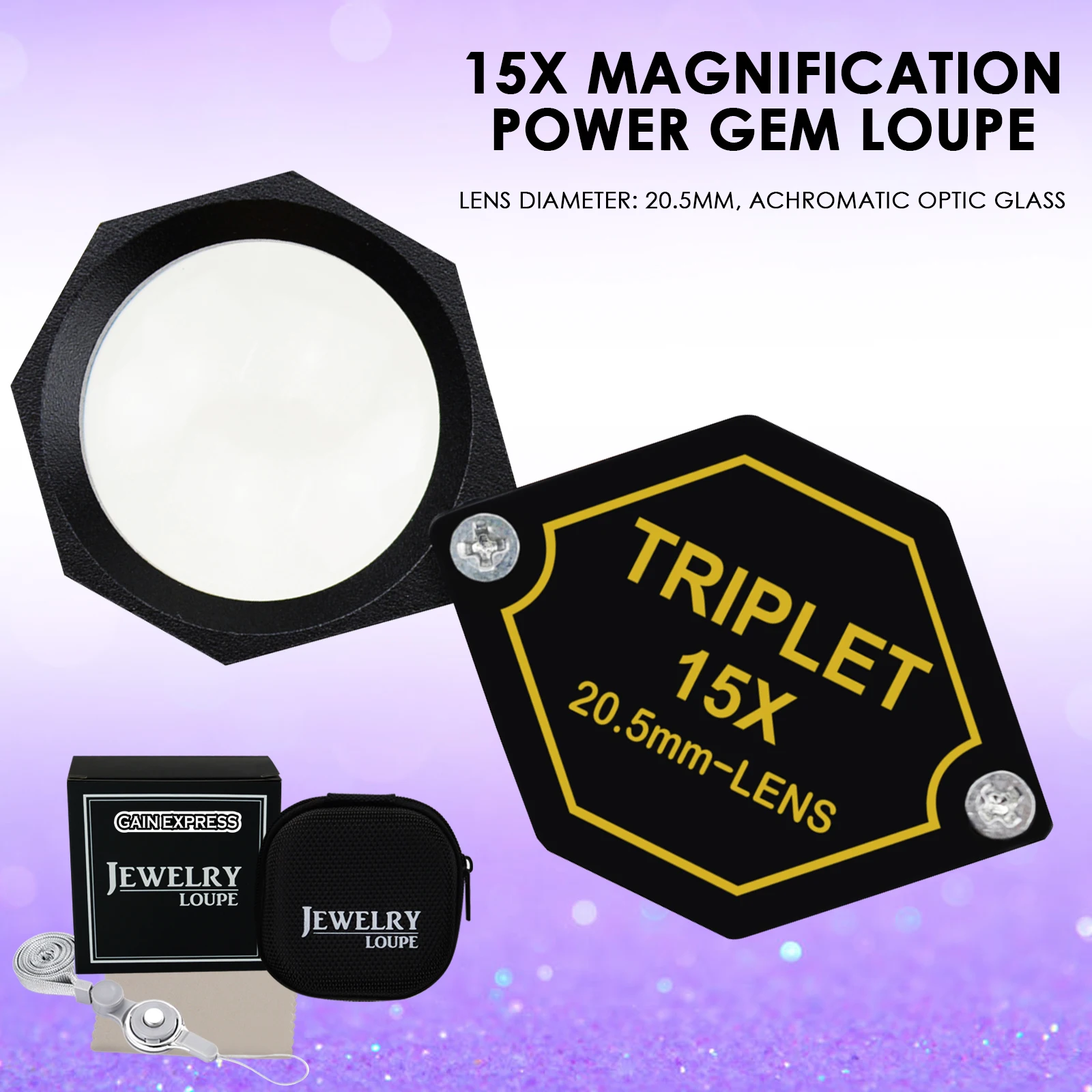 15X Triplet Jewelry Loupe 20.5mm Achromatic Optical Glass Magnifier, Anti-Reflective Black Metal Professional-Grade Triplet Lens