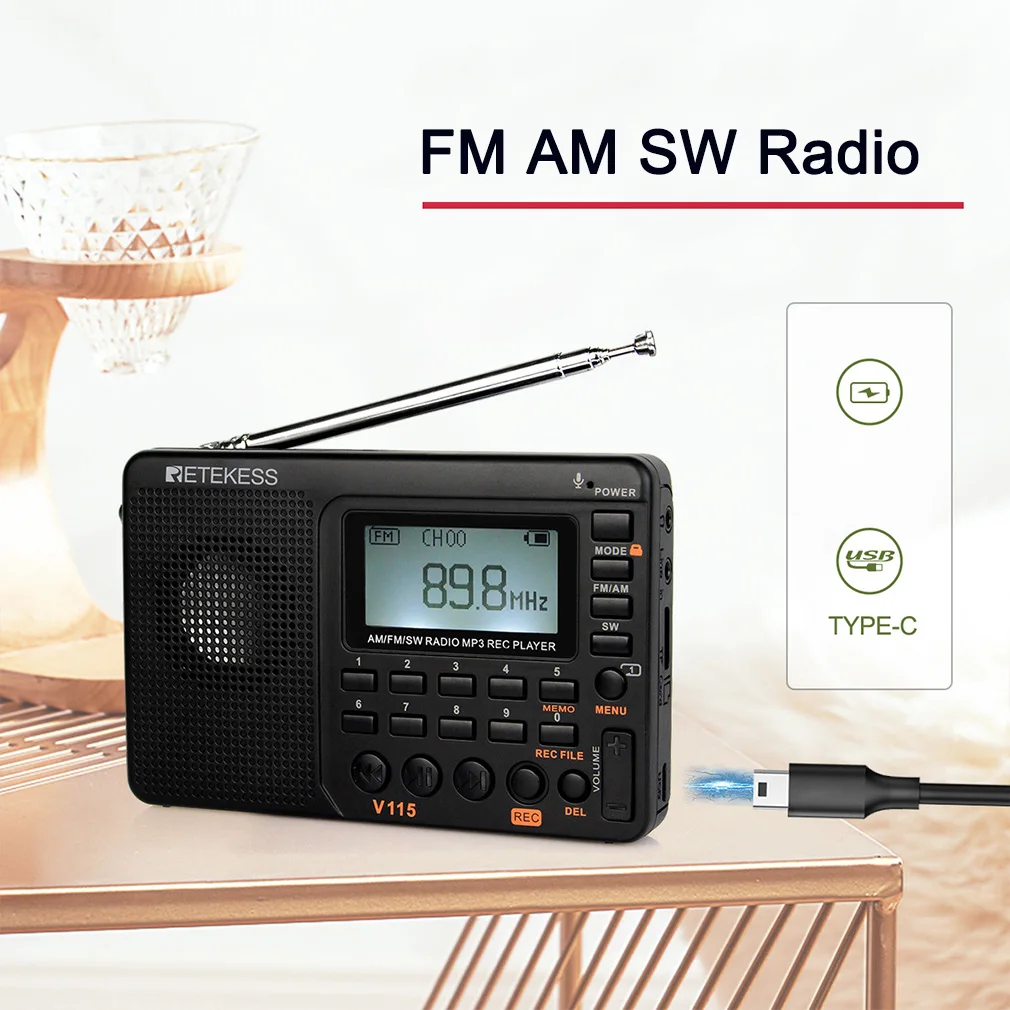 

Portable V115 Radio FM AM SW Radio AM FM SW Rechargeable Radio Battery Powered Full Wave USB Recorder Speaker For Christmas Gift