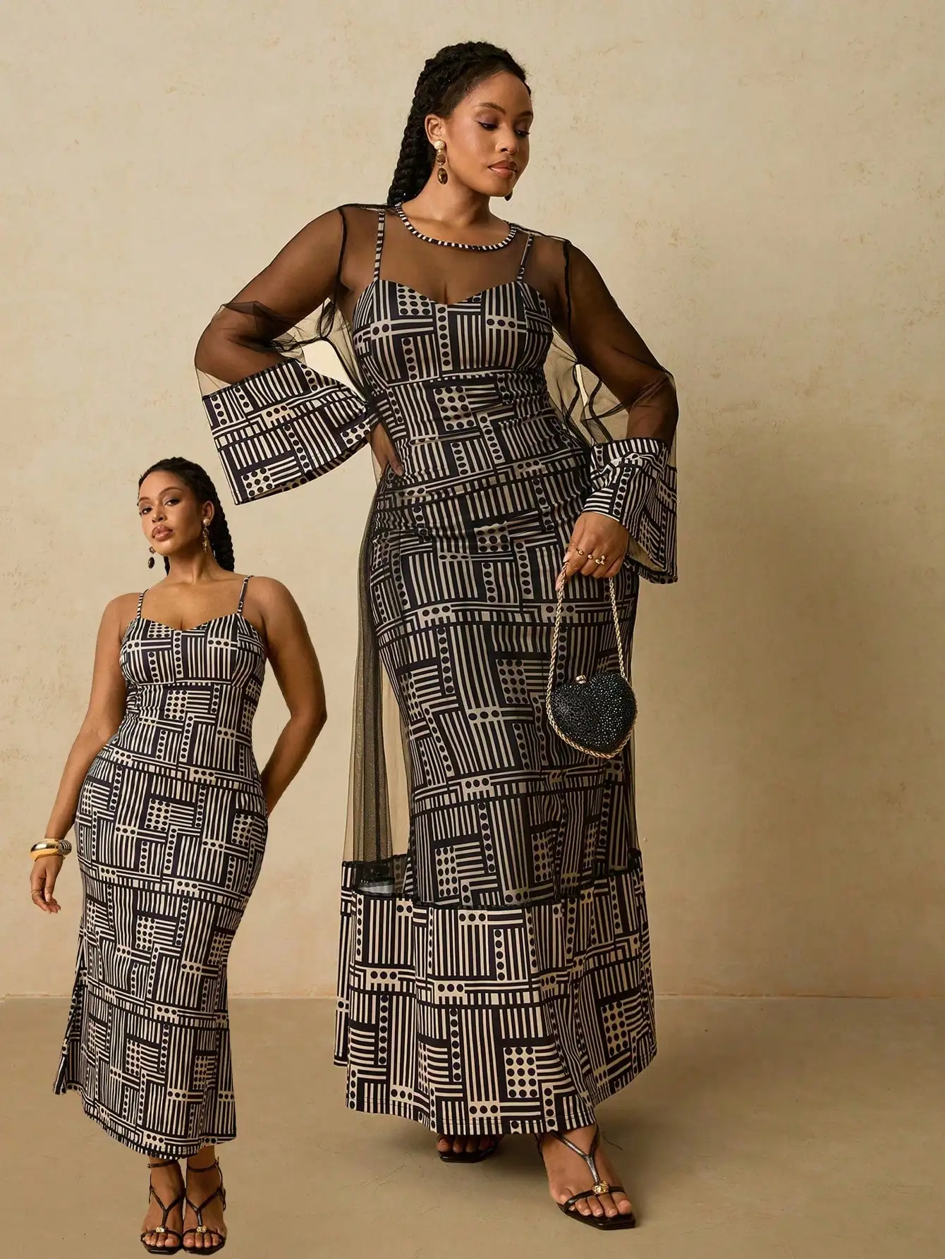 

Plus Size Geometric Print Camisole Dress with Sheer Mesh Overlay Long Evening Gown