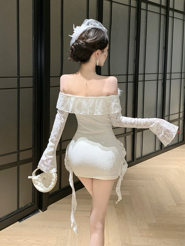 REDDACHiC-minivestido de encaje Floral para mujer, minivestido de fiesta con diamantes, adorno de piel sintética, un hombro acampanado, manga larga, ceñido al cuerpo, ropa Sexy de otoño